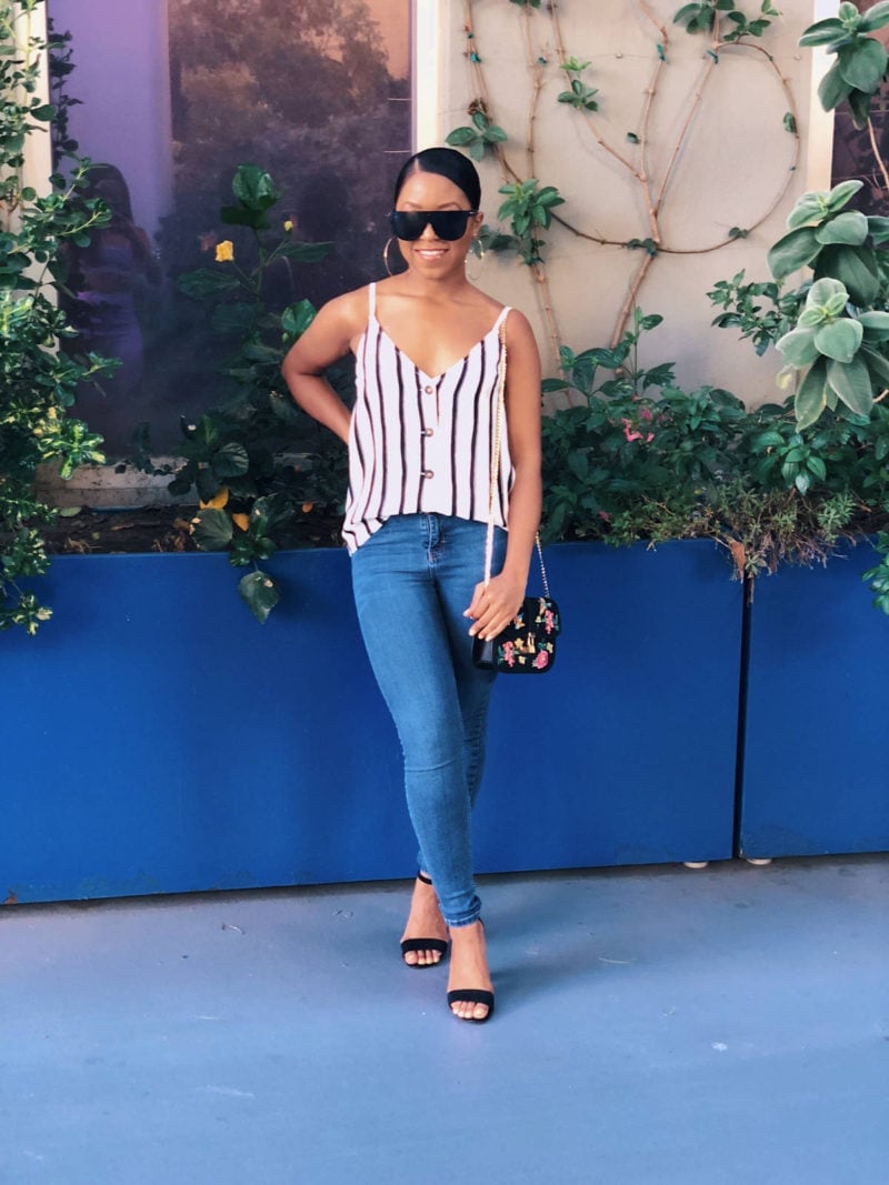 Striped Camisole With Skinny Jeans And Strappy Heels Striped Camisole With Skinny Jeans And Strappy Heels — Cute Dinner Outfit Inspo