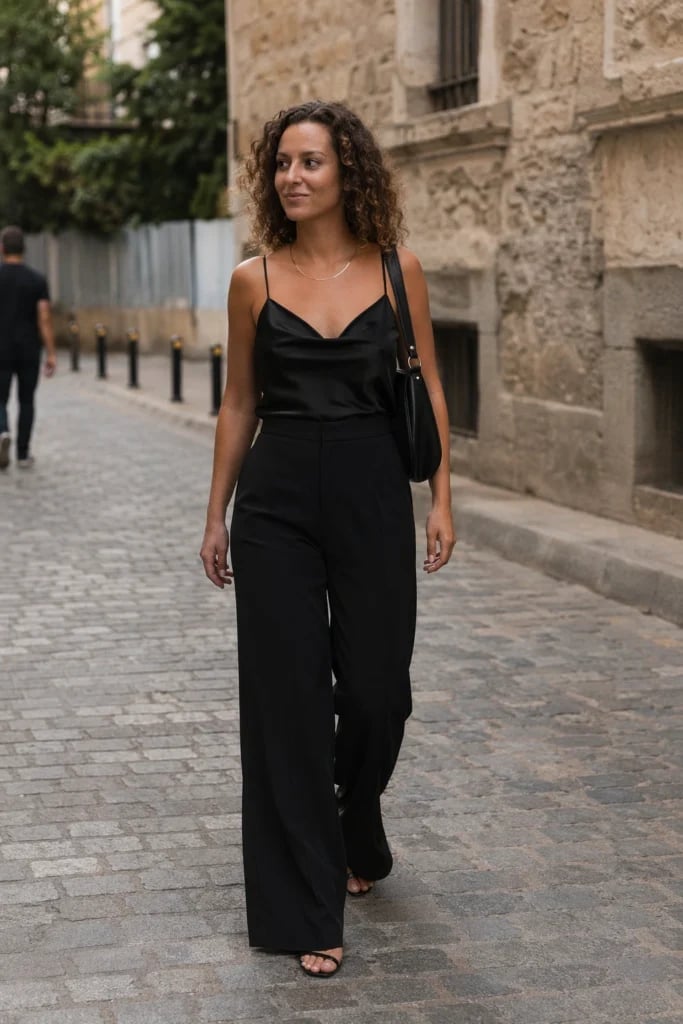 Black Cowl Neck Camisole With Wide-Leg Trousers Black Cowl Neck Camisole With Wide-Leg Trousers — Cute Dinner Outfit Inspo