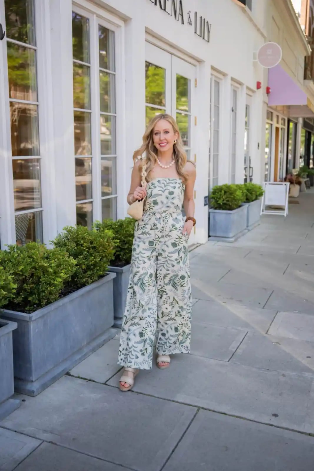 Green Botanical Print Strapless Jumpsuit Green Botanical Print Strapless Jumpsuit — Cute Dinner Outfit Inspo