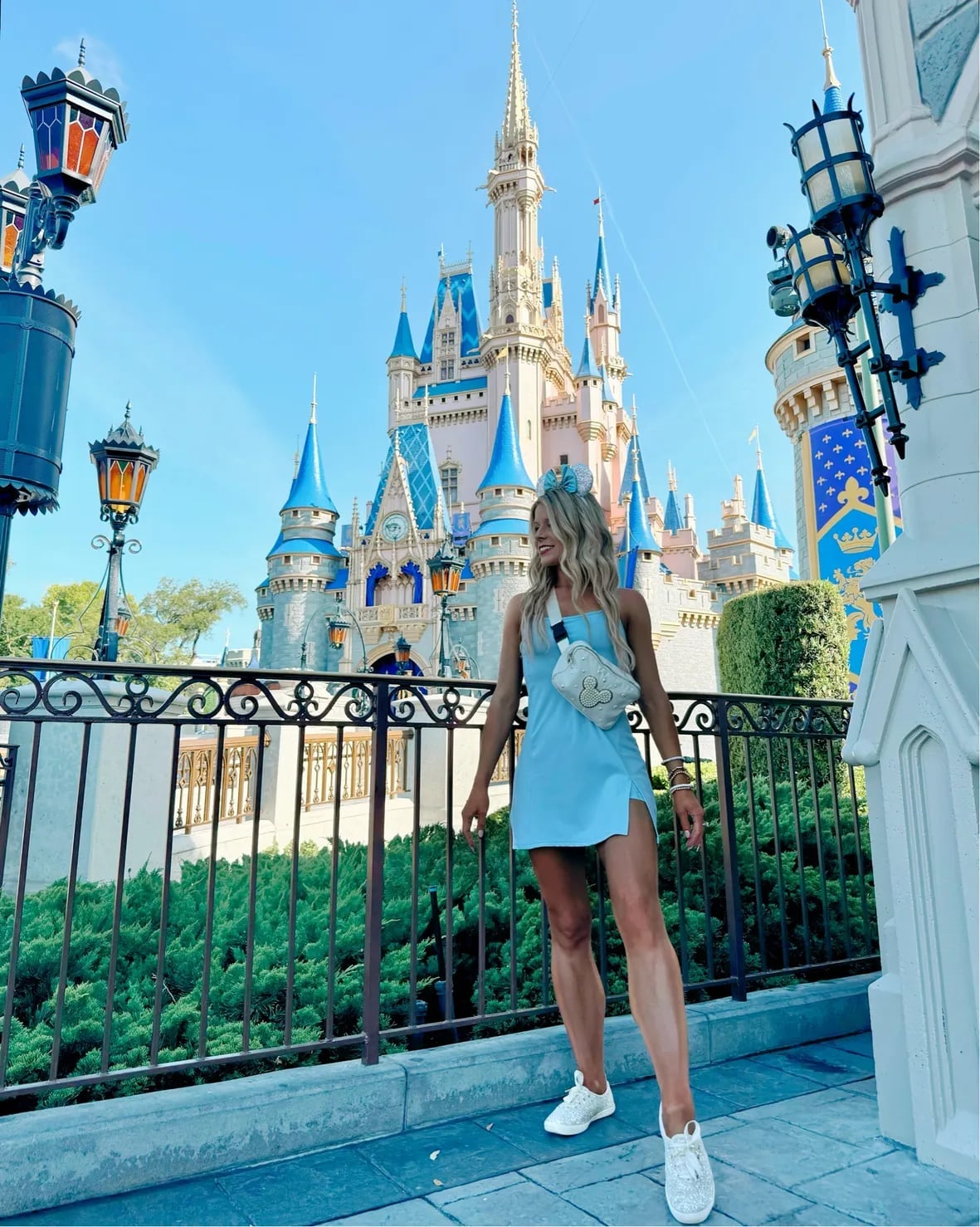 Light Blue Mini Dress With White Sneakers — Cute Disney Outfit Inspo