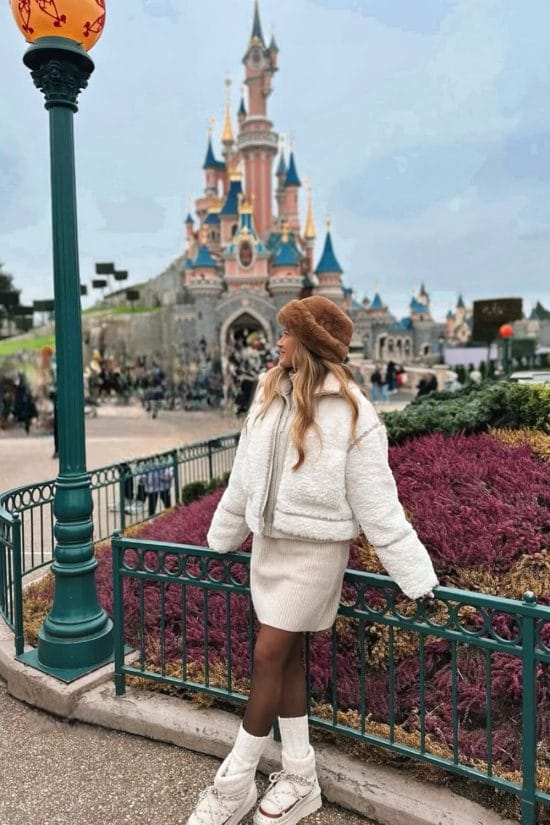 Cream Faux Fur Jacket With Knit Dress — Cute Disney Outfit Inspo
