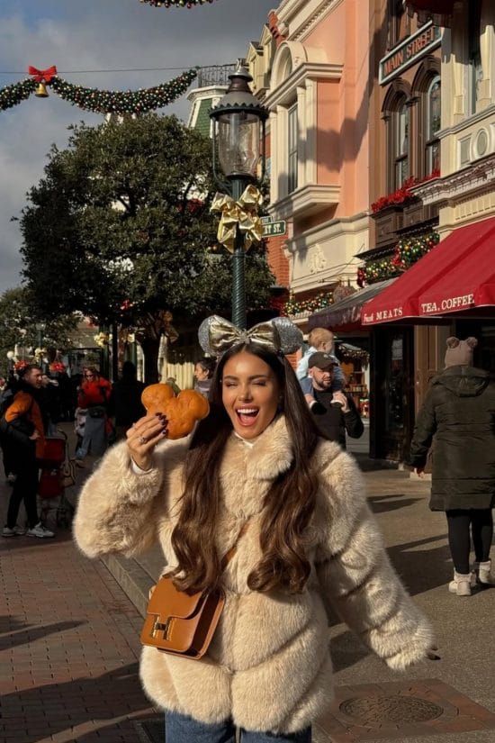Cream Faux Fur Coat With Blue Jeans — Cute Disney Outfit Inspo