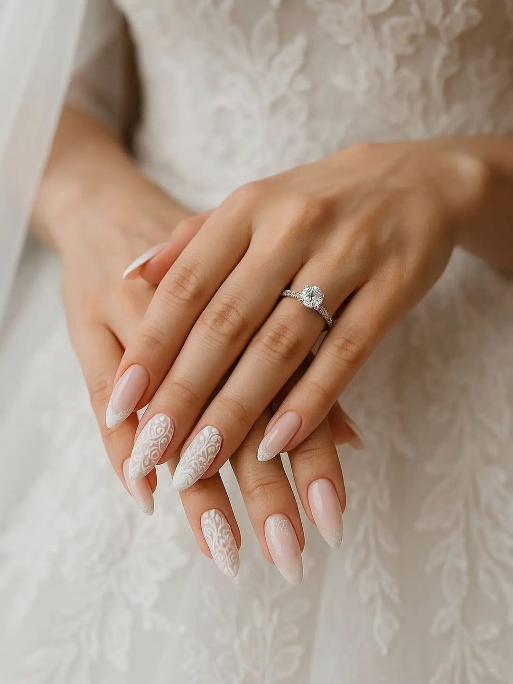 Long Almond Milky Pink White Lace Nails — Cute Elegant Nails