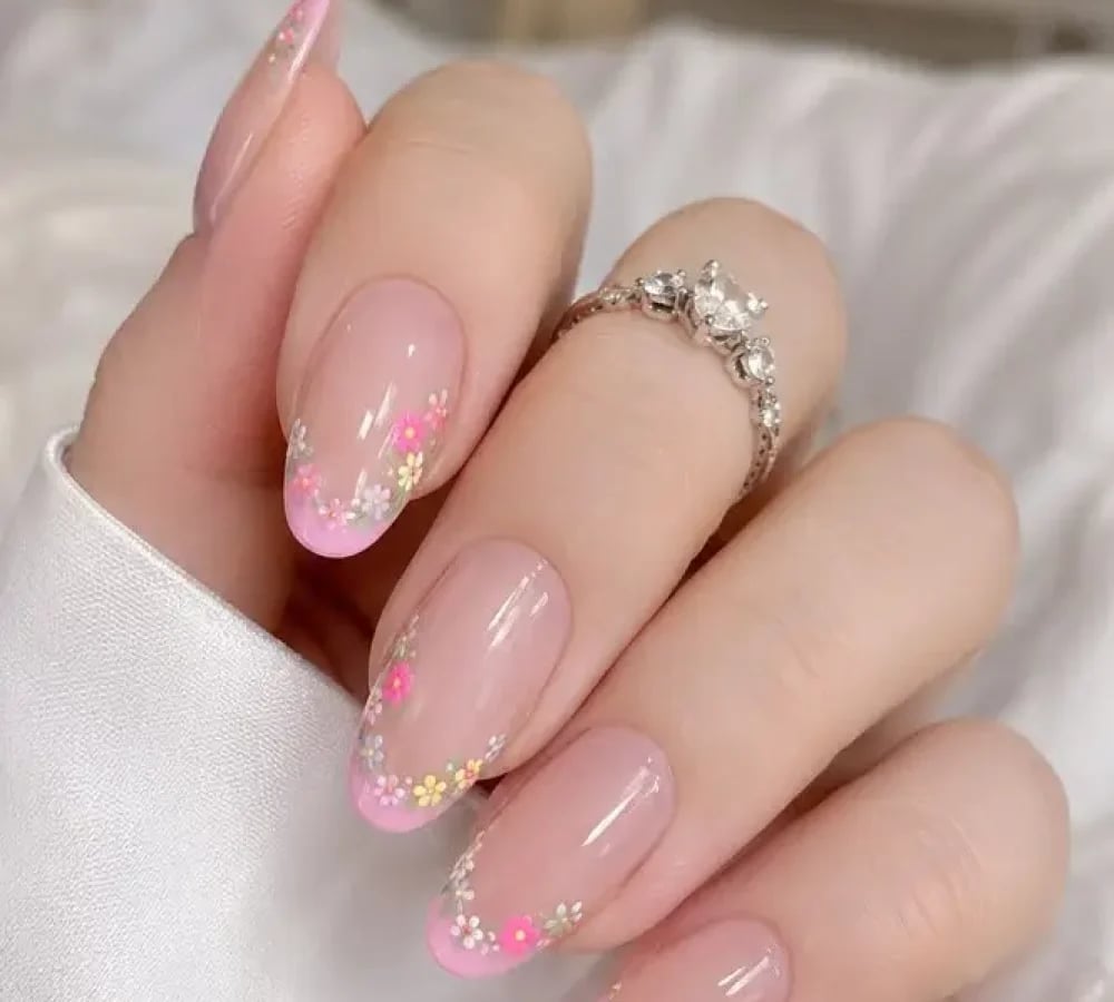 Medium Oval Soft Pink Floral French Tips — Cute Elegant Nails