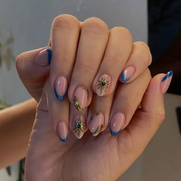 Medium Almond Nude Blue Celestial Charm Nails — Cute Elegant Nails