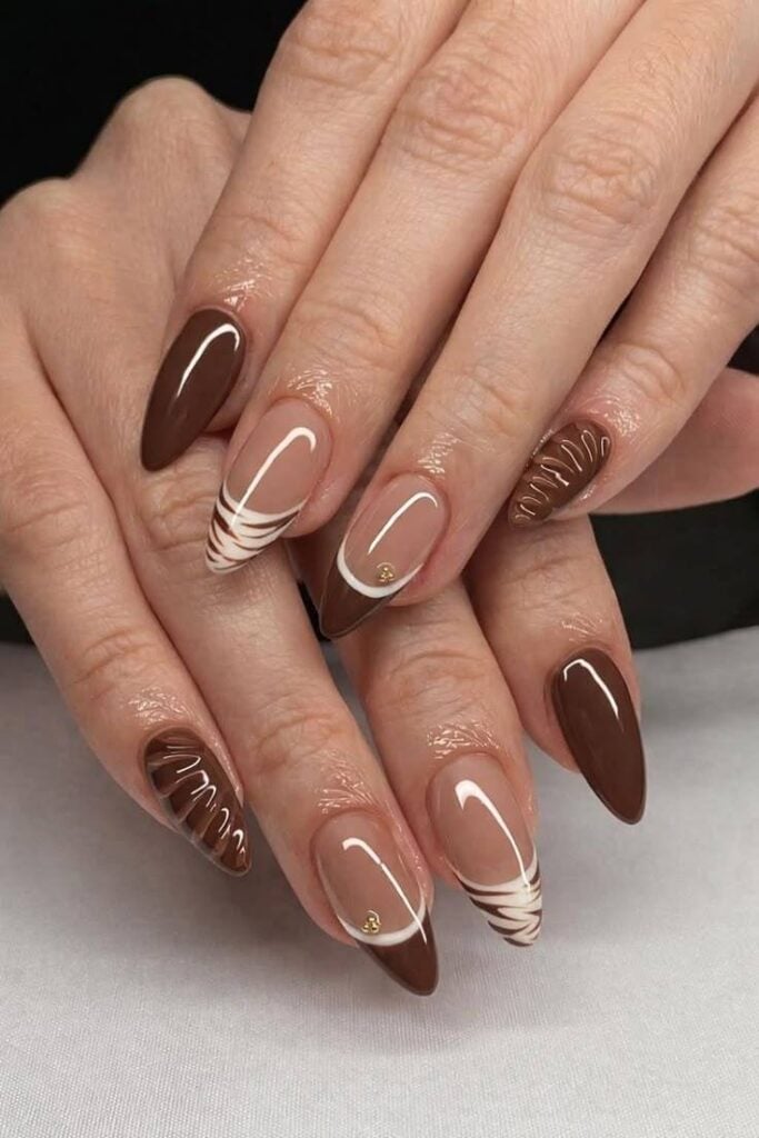 Short Almond Burgundy Brown Polka Dot Nails — Cute Elegant Nails