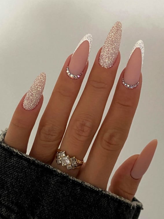 Long Stiletto Matte Nude Glitter Ombre Nails — Cute Elegant Nails