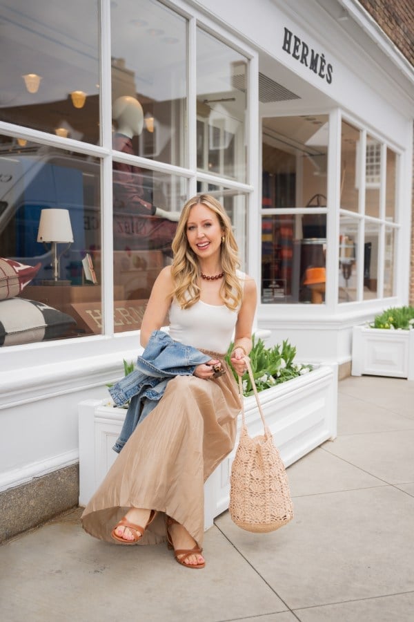 White Tank Top with Beige Maxi Skirt and Denim Jacket — Cute Elegant Outfits