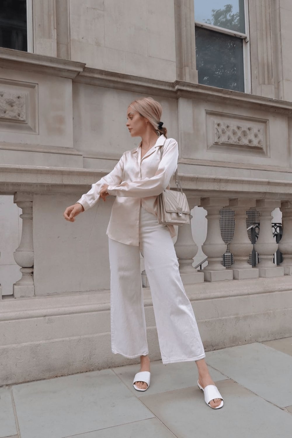 Beige Silk Shirt with White Wide-Leg Trousers and Headscarf — Cute Elegant Outfits
