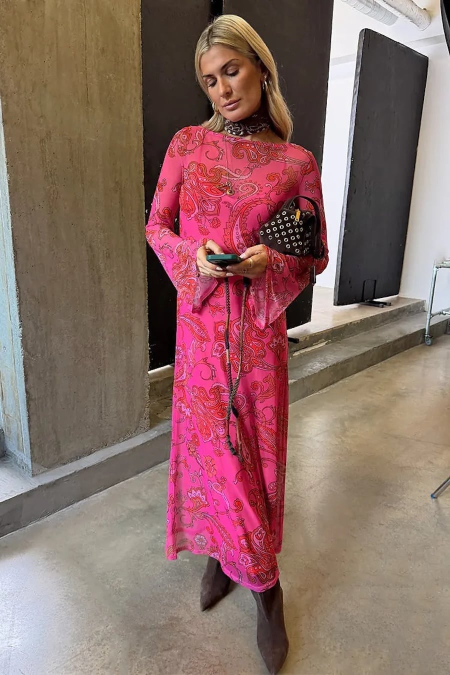 Hot Pink Paisley Print Dress with Pointed Toe Boots — Cute Elegant Outfits