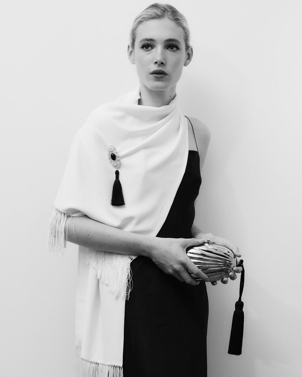 Black Slip Dress with a Fringed White Shawl — Cute Elegant Outfits