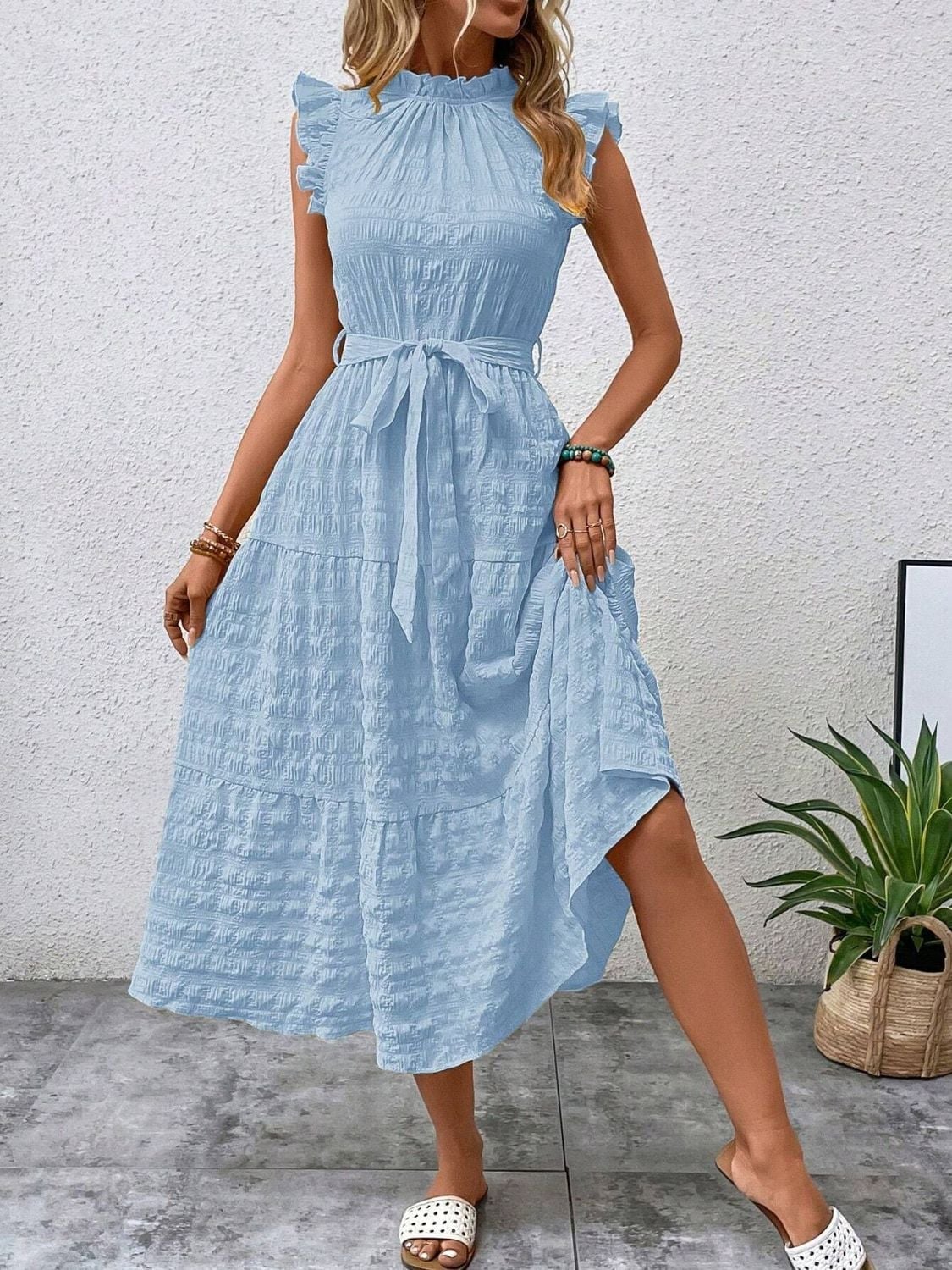 Light Blue Textured Midi Dress with Tie Waist — Cute Elegant Outfits