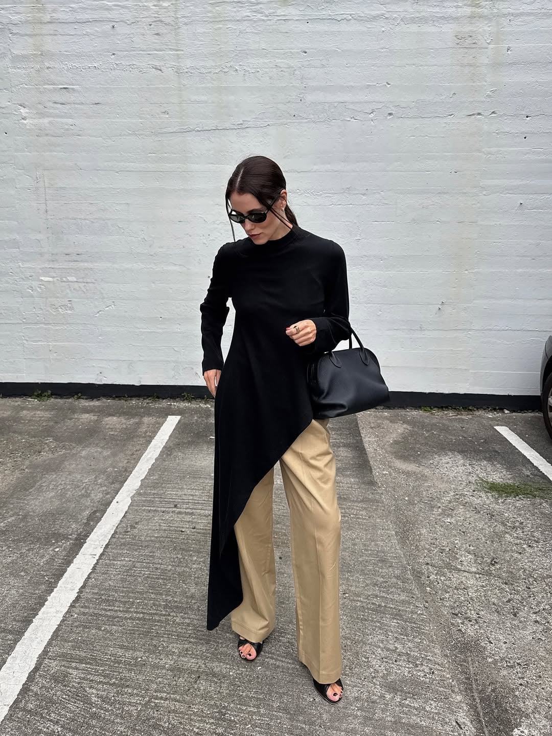 Black Asymmetrical Tunic Top with Beige Wide-Leg Trousers — Cute Elegant Outfits