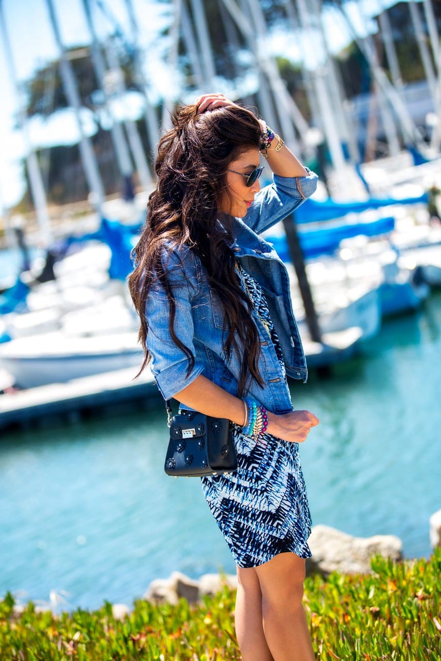 Patterned Dress with Denim Jacket and Black Crossbody Bag — Cute Elegant Outfits