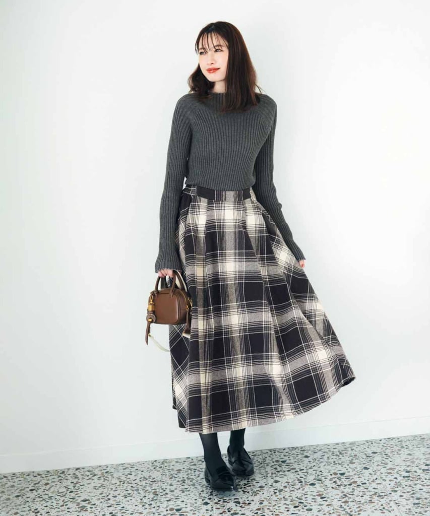 Grey Knit Sweater with Black Plaid Midi Skirt and Loafers — Cute Elegant Outfits
