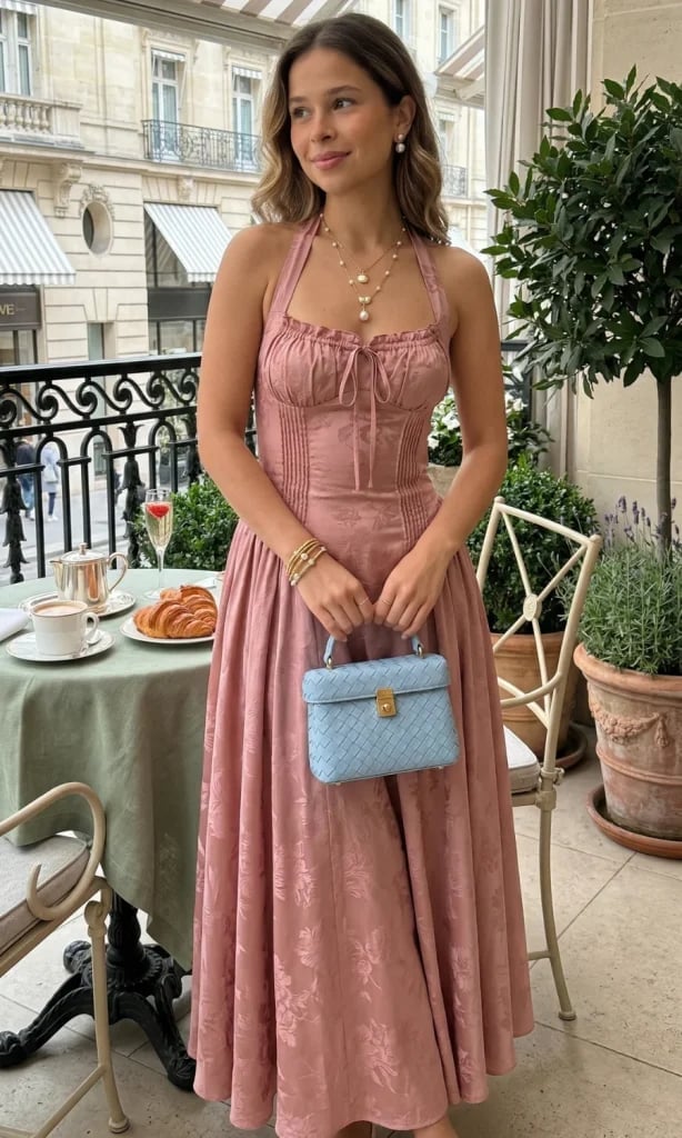 Pink Jacquard Floral Fit-And-Flare Halter Dress — Cute Elegant Outfits