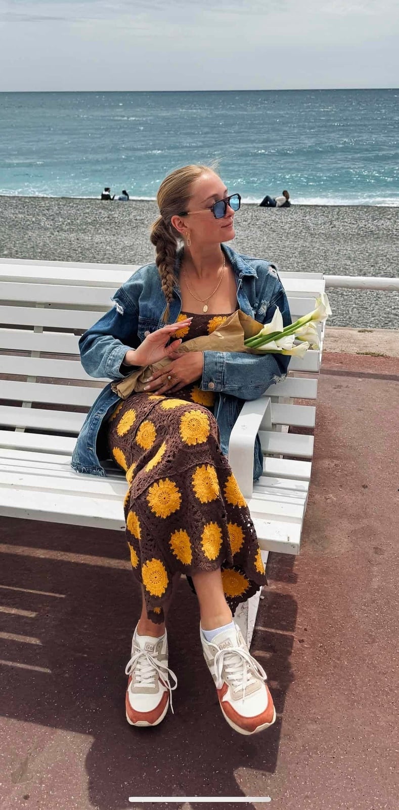 Crochet Sunflower Midi Dress with Denim Jacket — Cute Elegant Outfits