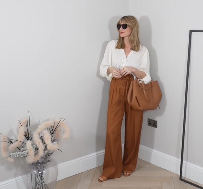 White Textured Blouse with High-Waisted Brown Wide-Leg Trousers — Cute Elegant Outfits