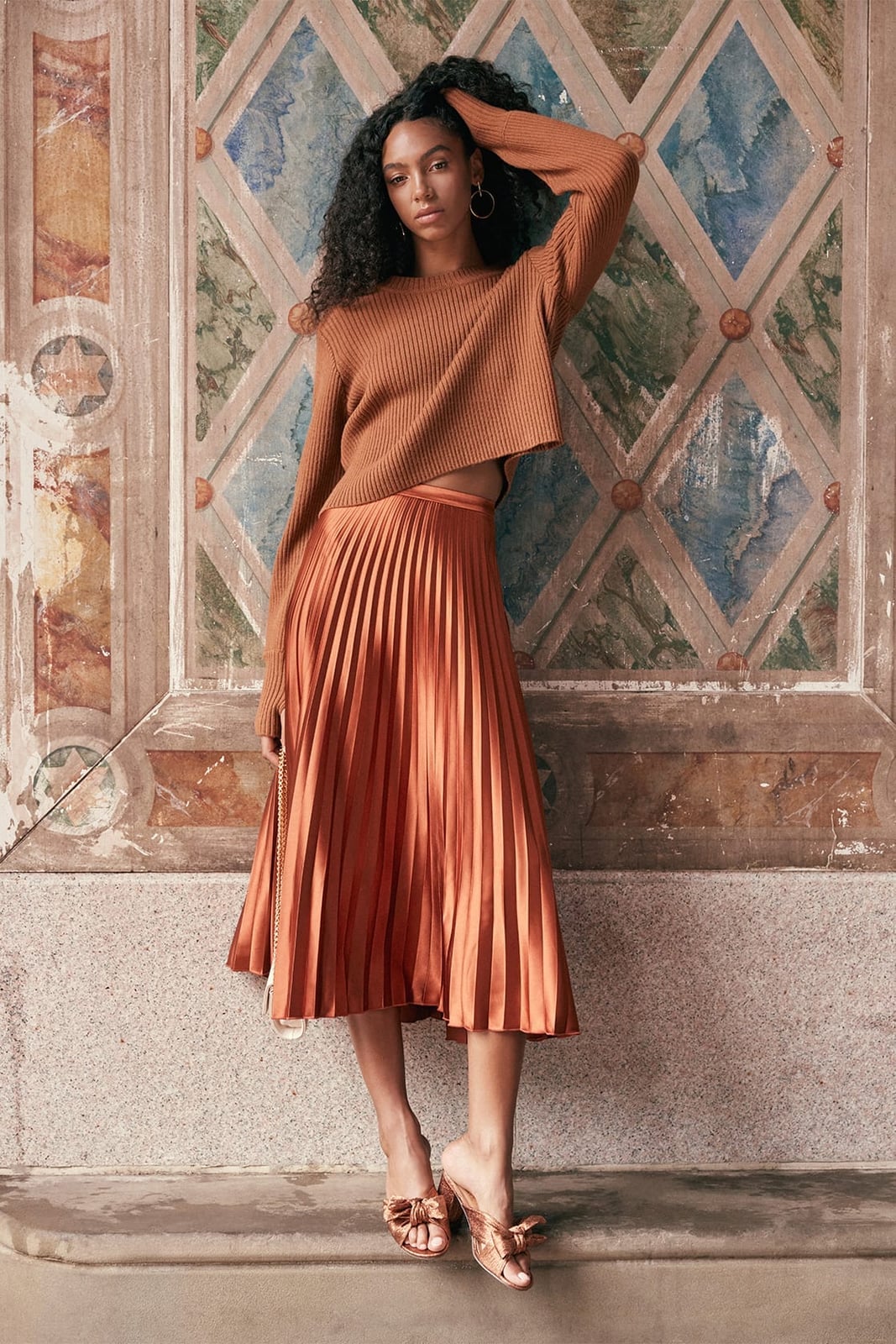 Cropped Knit Sweater with Burnt Orange Satin Midi Skirt — Cute Elegant Outfits