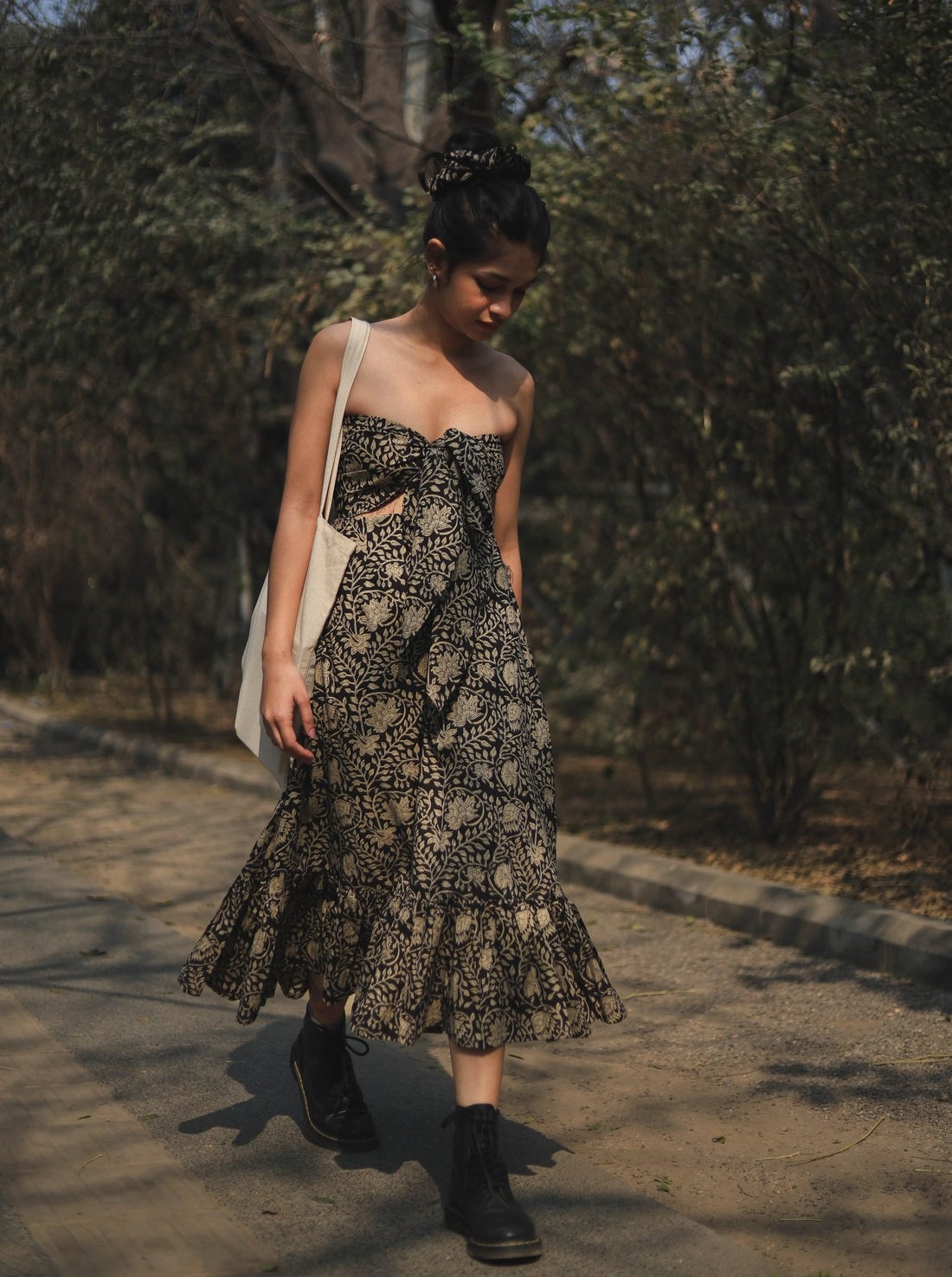 Strapless Floral Print Midi Dress with Combat Boots — Cute Elegant Outfits