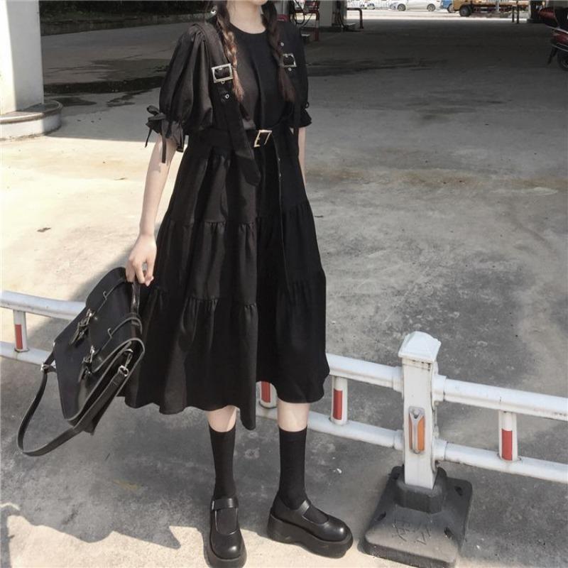 Tiered Midi Dress With Puff Sleeves And Buckle Details — Cute Emo Outfits