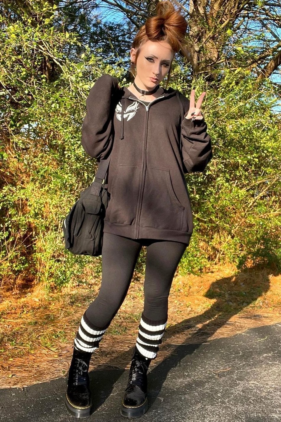 Oversized Zip-Up Hoodie With Black Leggings And Platform Boots — Cute Emo Outfits