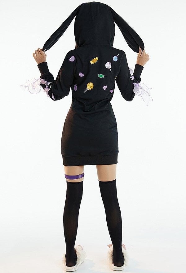 Black Hooded Dress With Pastel Graphics And Tulle Details — Cute Emo Outfits