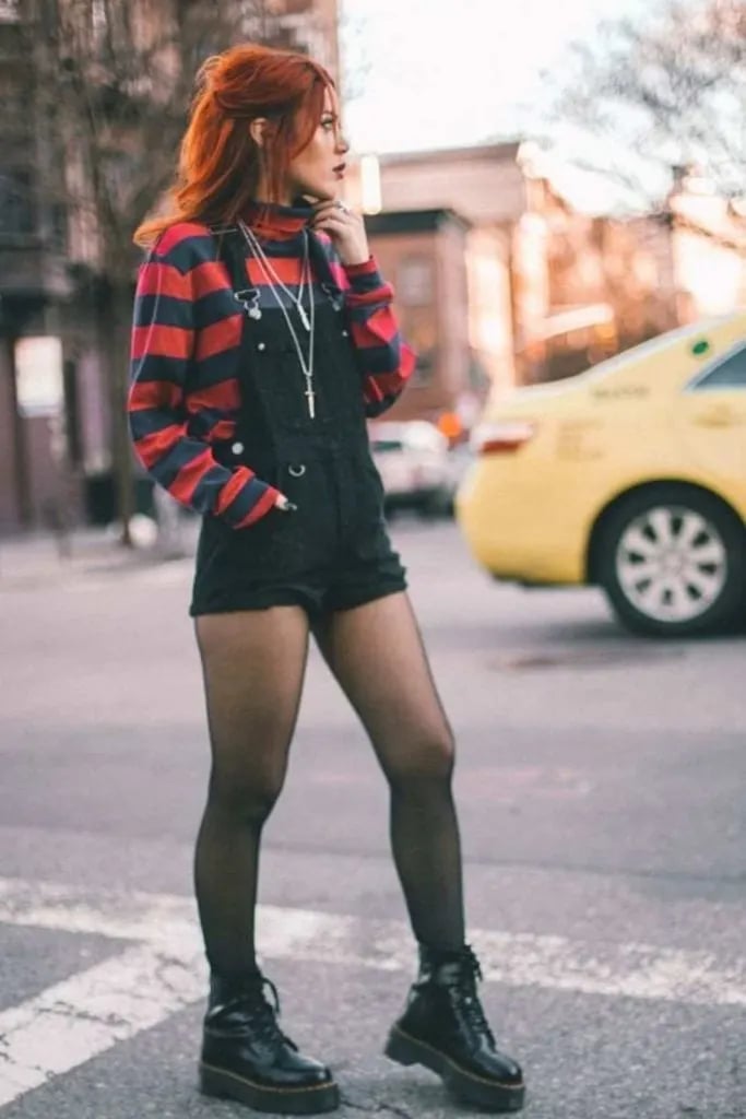 Black Denim Overalls Over Striped Turtleneck — Cute Emo Outfits