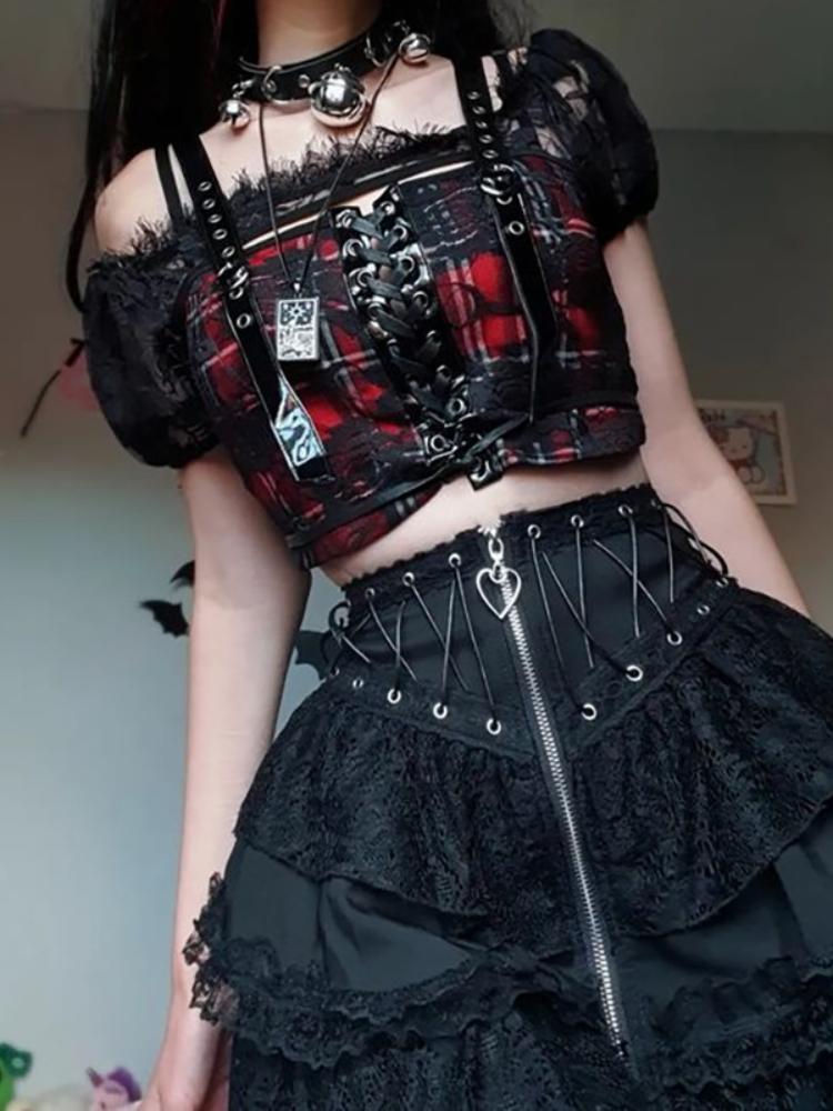 Red Plaid Off-the-Shoulder Crop Top With Lace Skirt — Cute Emo Outfits