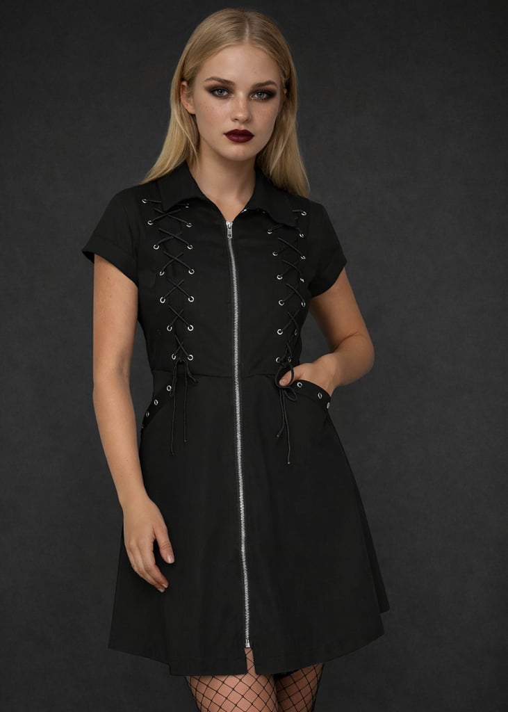 Short Sleeve Collared Dress With Lace-Up Detail — Cute Emo Outfits