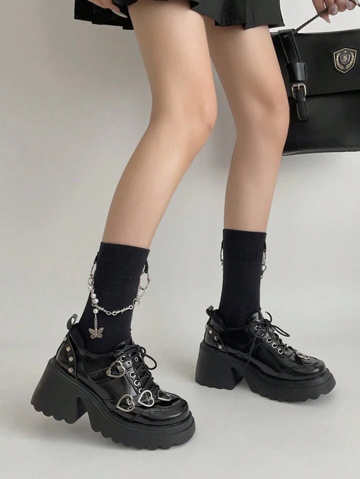 Chunky Platform Loafers With Heart Buckle Detail — Cute Emo Outfits