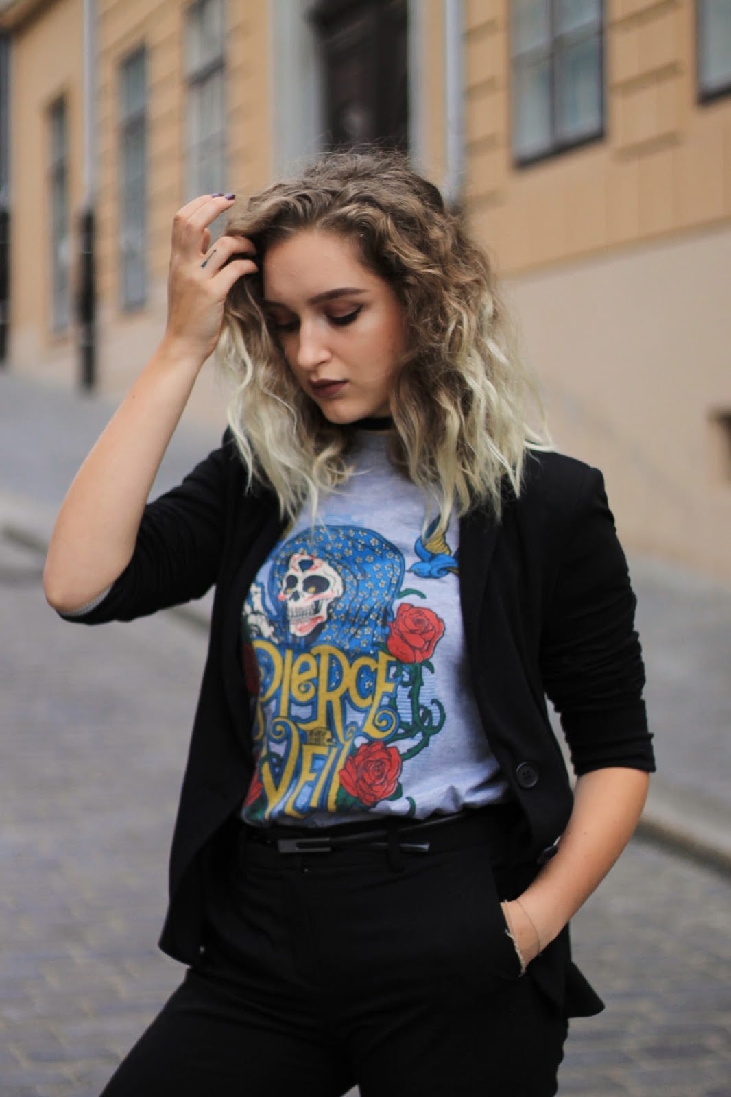 Black Blazer Over Graphic T-Shirt With Straight Leg Trousers — Cute Emo Outfits