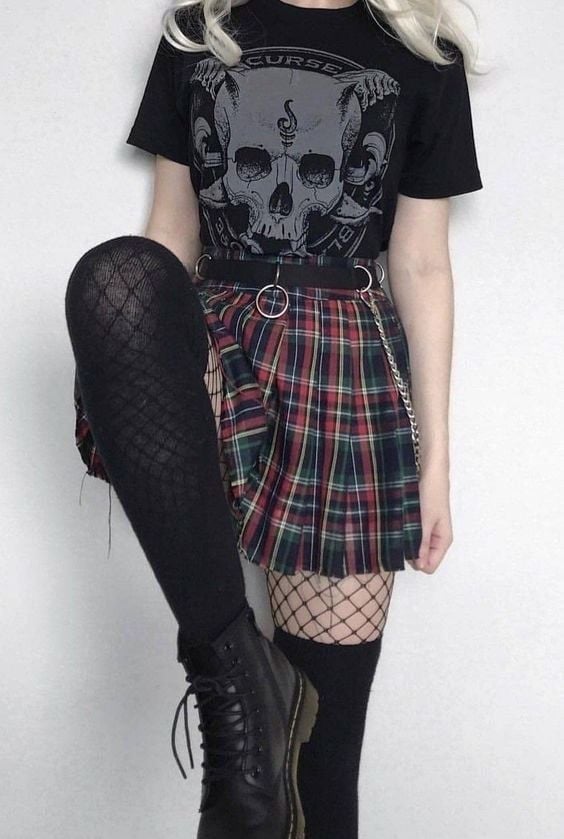 Graphic Skull T-Shirt With Plaid Pleated Skirt — Cute Emo Outfits