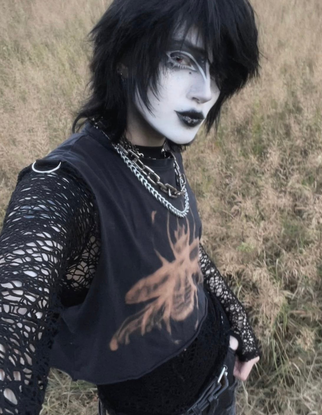 Layered Fishnet Top With Graphic Cropped T-Shirt — Cute Emo Outfits