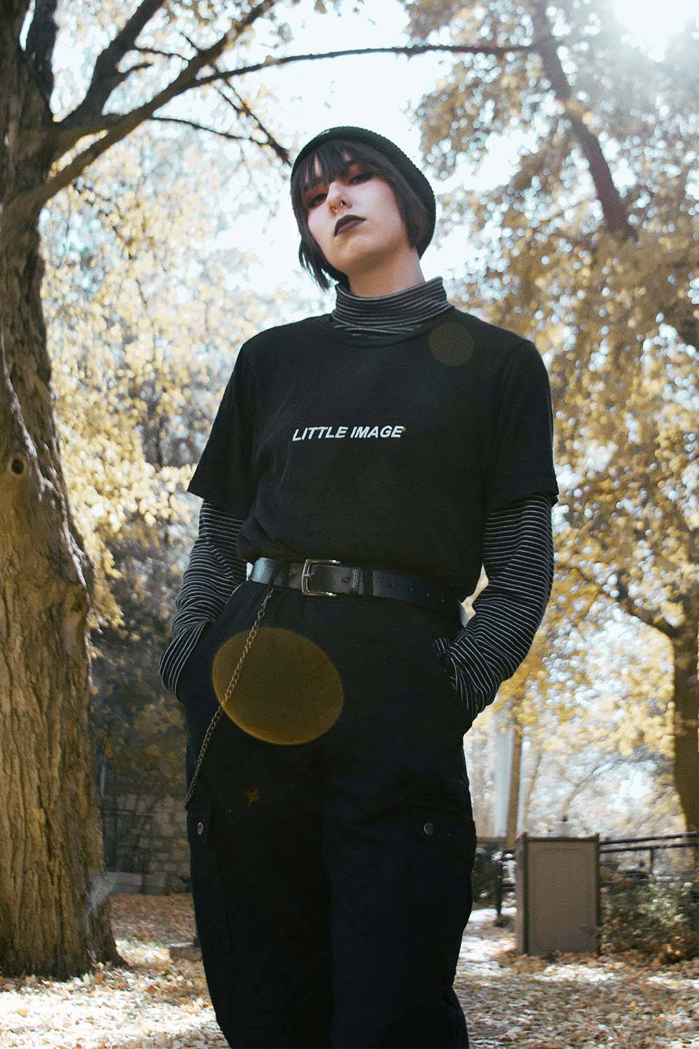 Striped Turtleneck With Black T-Shirt And Black Pants — Cute Emo Outfits