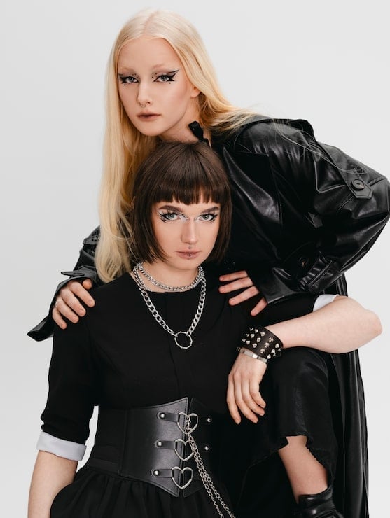 Black Dress With Wide Corset Belt And Leather Coat — Cute Emo Outfits