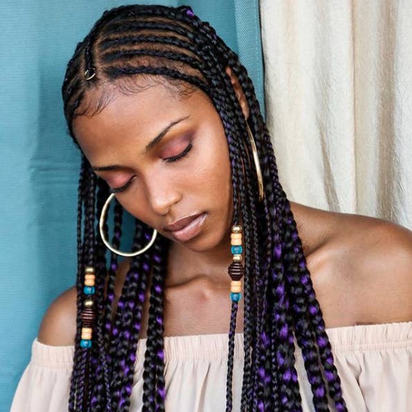 Mid-Back Fulani Braids with Purple Streaks and Beads Mid-Back Fulani Braids with Purple Streaks and Beads — Cute Fulani Braids