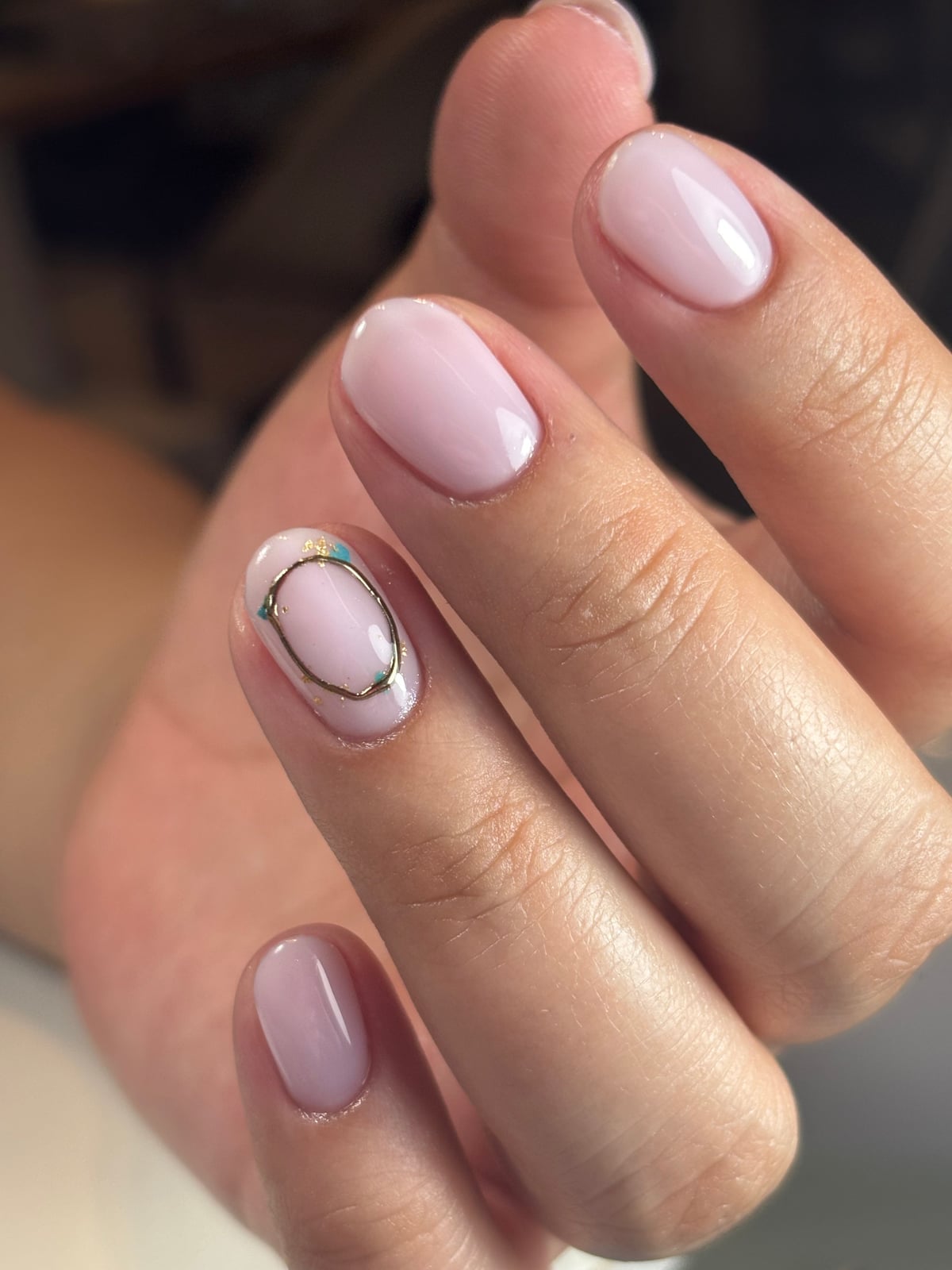 Short Oval Milky Pink Gold Turquoise Nails Short Oval Milky Pink Gold Turquoise Nails — Cute Gel Nails