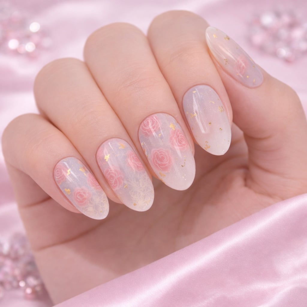 Medium Oval Milky Pink Floral Gold Flake Nails Medium Oval Milky Pink Floral Gold Flake Nails — Cute Gel Nails