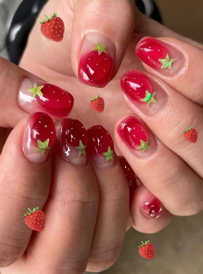 Short Oval Jelly Red 3D Strawberry Nails Short Oval Jelly Red 3D Strawberry Nails — Cute Gel Nails