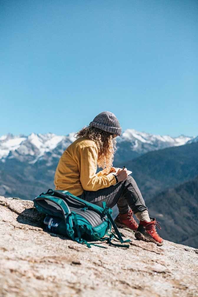 Yellow Long-Sleeve Shirt With Teal Backpack — Cute Hiking Outfit Inspo