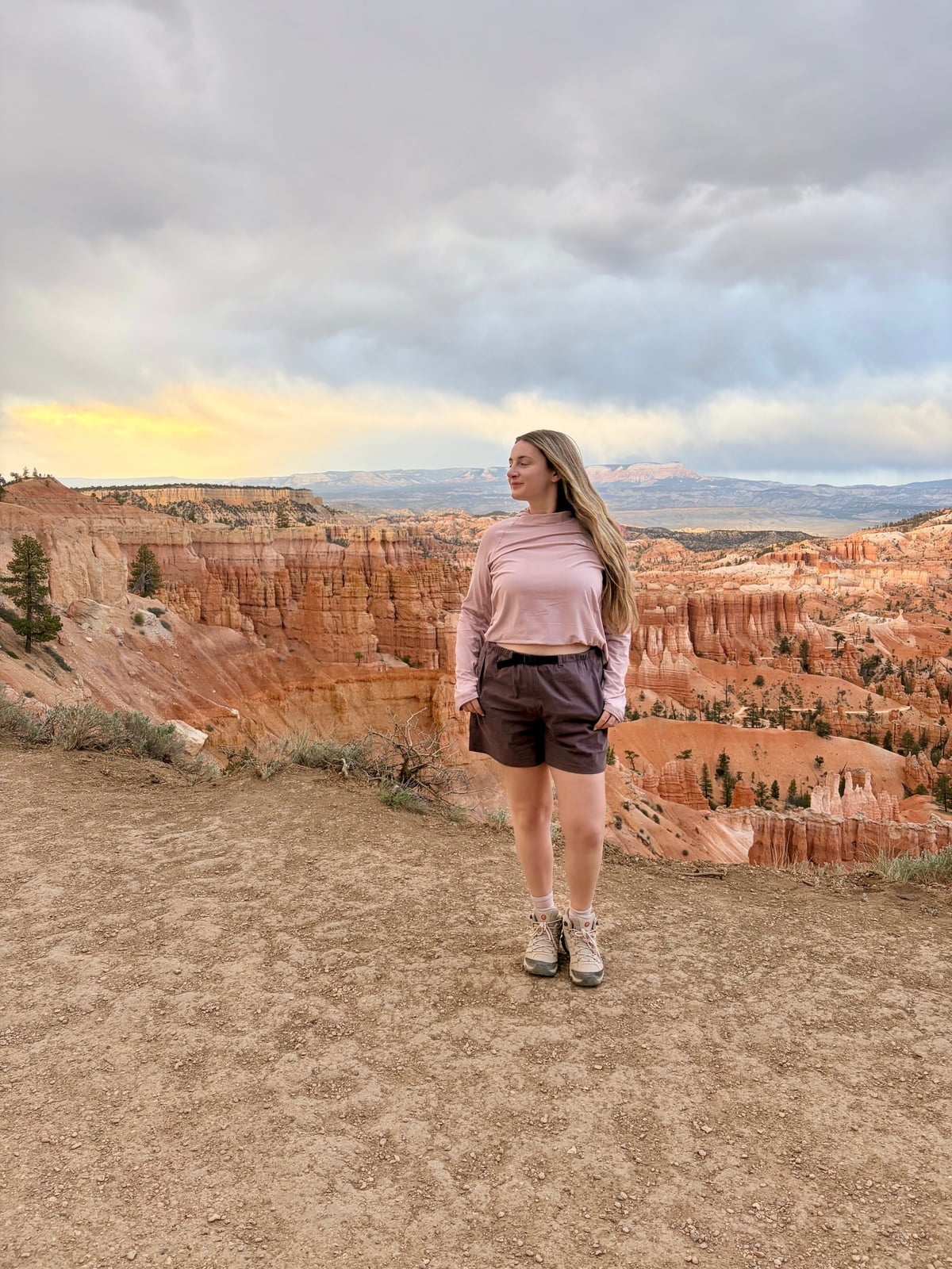 Pink Long-Sleeve Top With Grey Shorts — Cute Hiking Outfit Inspo