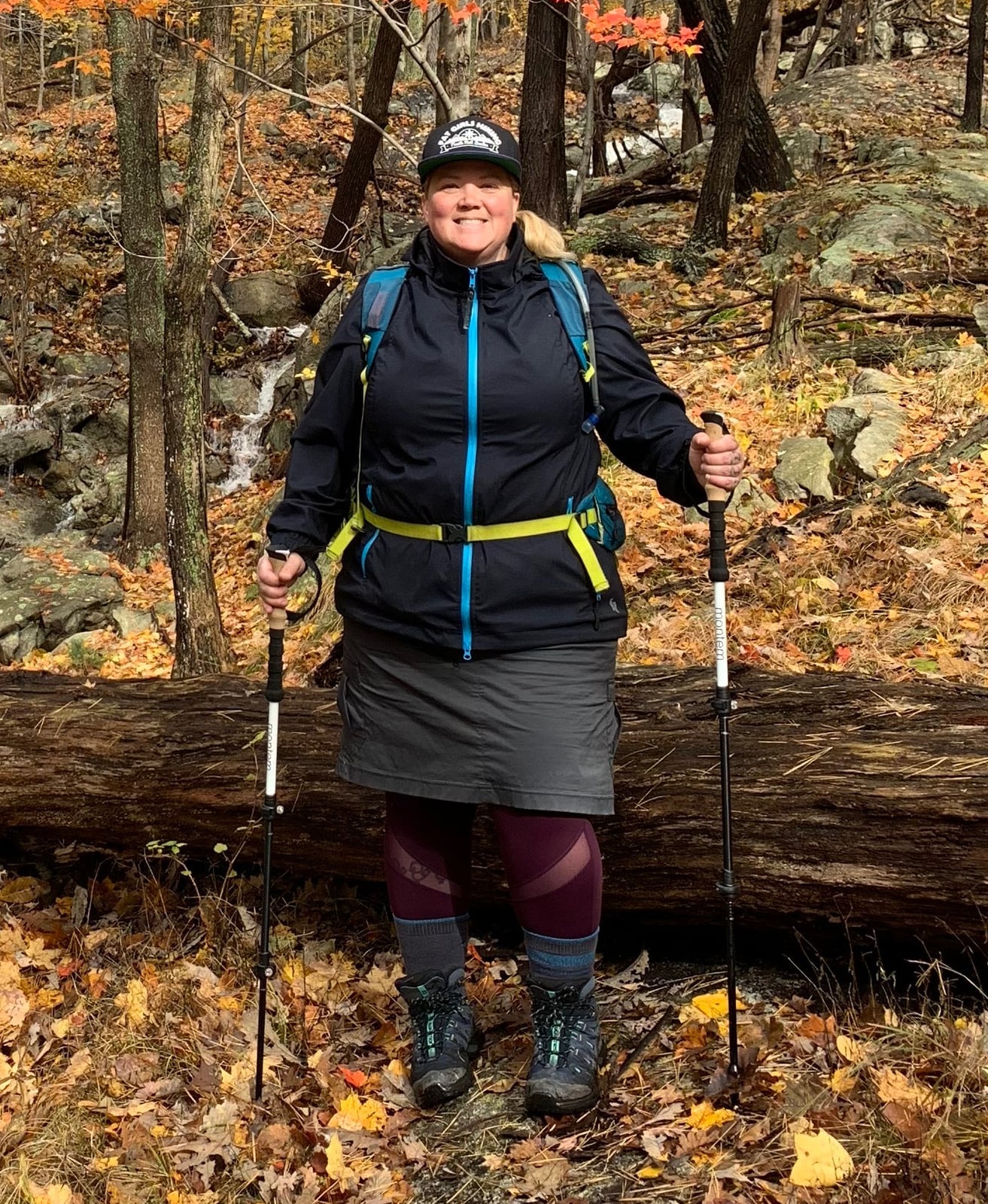 Black Jacket Over Skirt And Purple Leggings — Cute Hiking Outfit Inspo