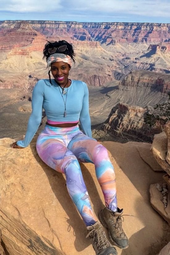 Blue Top With Tie-Dye Leggings — Cute Hiking Outfit Inspo