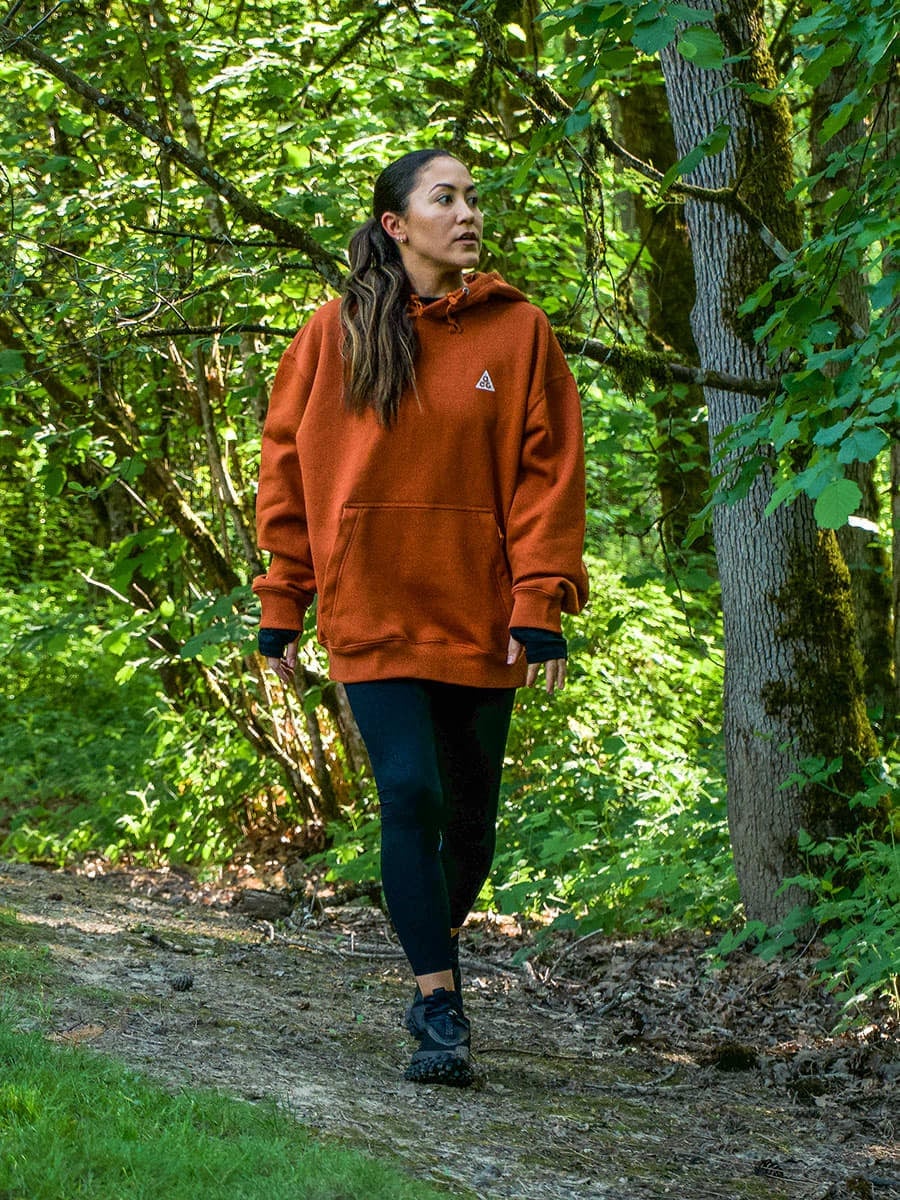 Oversized Orange Hoodie With Black Leggings — Cute Hiking Outfit Inspo