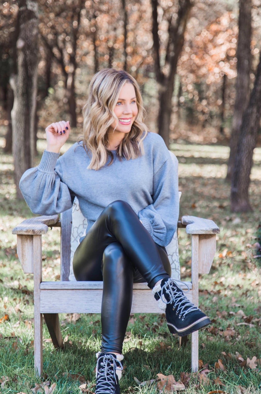 Grey Oversized Sweater With Faux Leather Leggings — Cute Hiking Outfit Inspo