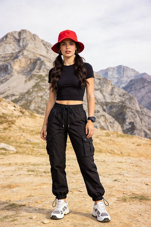Black Cargo Pants With Cropped T-Shirt And Red Hat — Cute Hiking Outfit Inspo