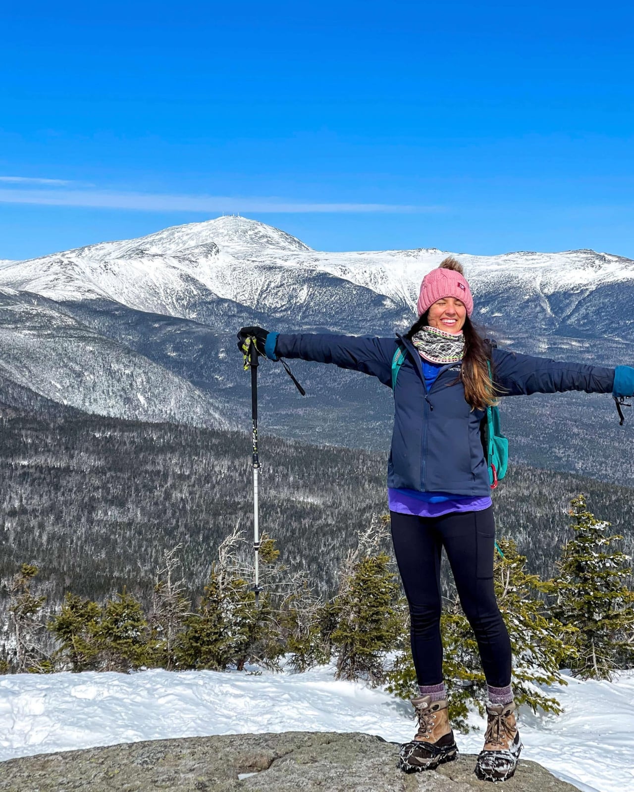 Blue Jacket Over Purple Top And Black Leggings For Winter — Cute Hiking Outfit Inspo