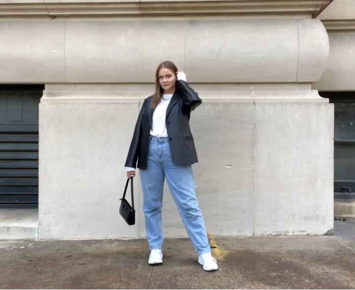 Light Wash Straight Leg Jeans with a Faux Leather Blazer — Cute Jeans Outfit Inspo