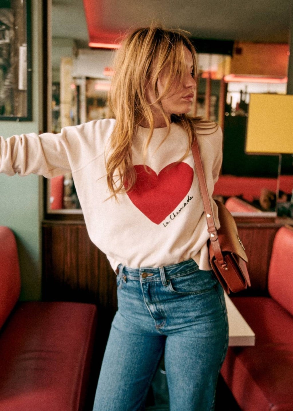 Blue Straight Leg Jeans with a Red Heart Graphic Sweatshirt — Cute Jeans Outfit Inspo